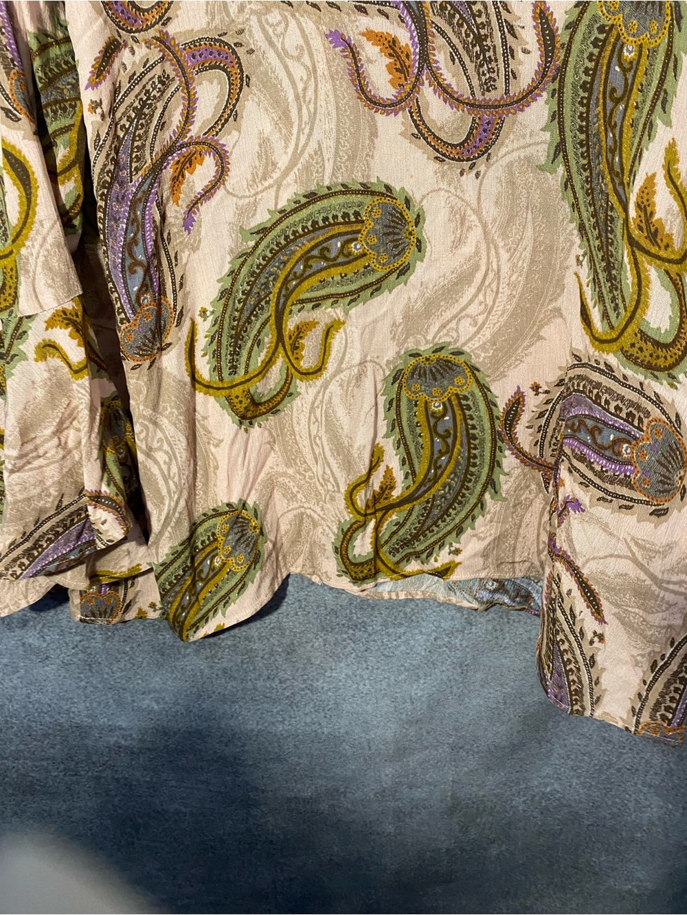 DR2 Womens Plus 3X Blouse Paisley Button Up Long Flare Sleeve Olive Beige Top - Picture 9 of 11